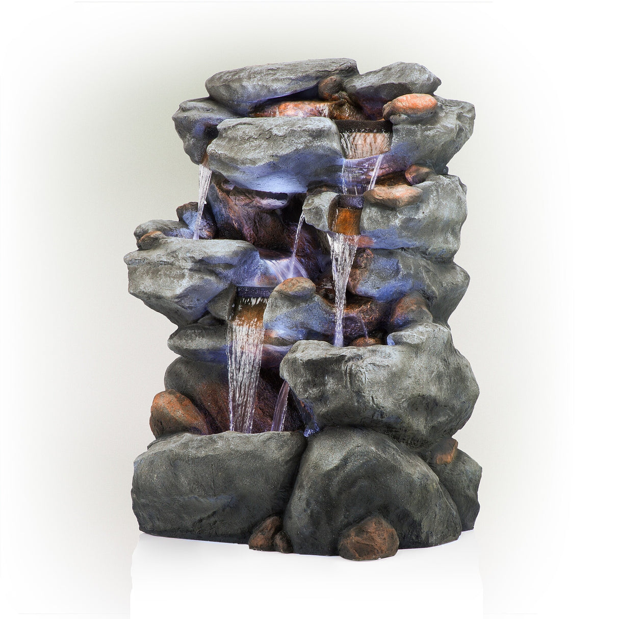 Alpine Corporation WIN1068 Outdoor Floor Rock Water Fountain with LED Lights, 5-Tier Rock Waterfall Fountain 54", Dark Brown