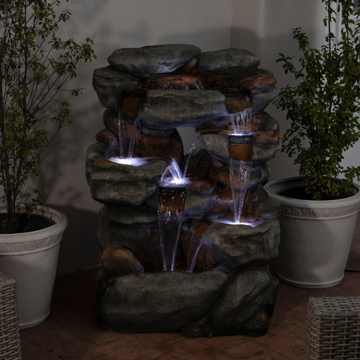 Alpine Corporation WIN1068 Outdoor Floor Rock Water Fountain with LED Lights, 5-Tier Rock Waterfall Fountain 54", Dark Brown