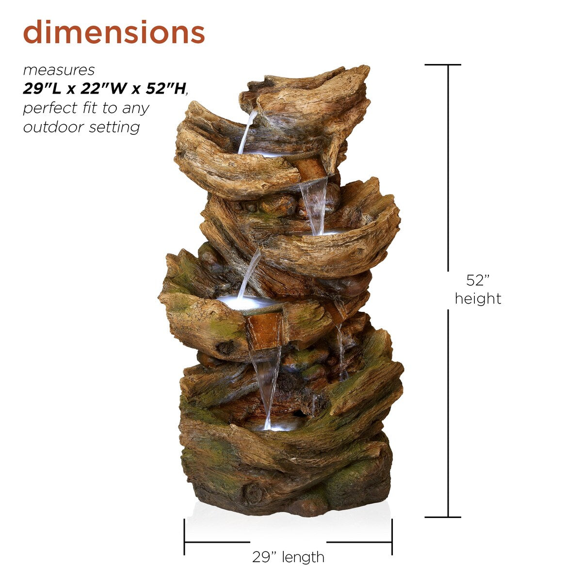 Alpine Corporation 52" Tall Outdoor 5-Tier Tree Trunk Water Floor Fountain with LED Lights