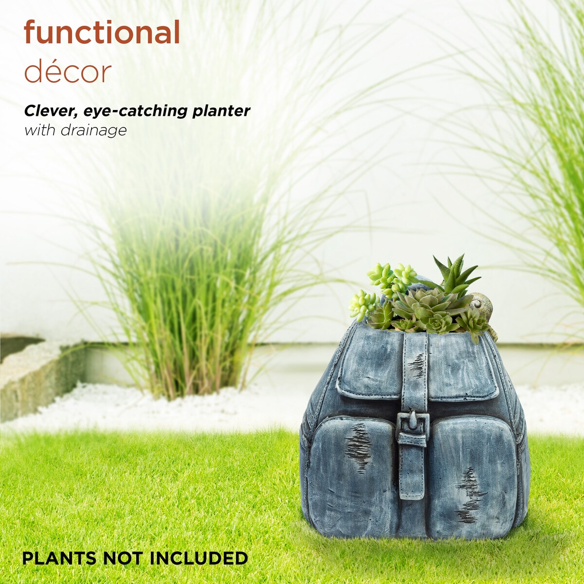 Alpine Corporation 12" Tall Indoor/Outdoor Denim Backpack with Snail Planter Yard Decoration, Blue