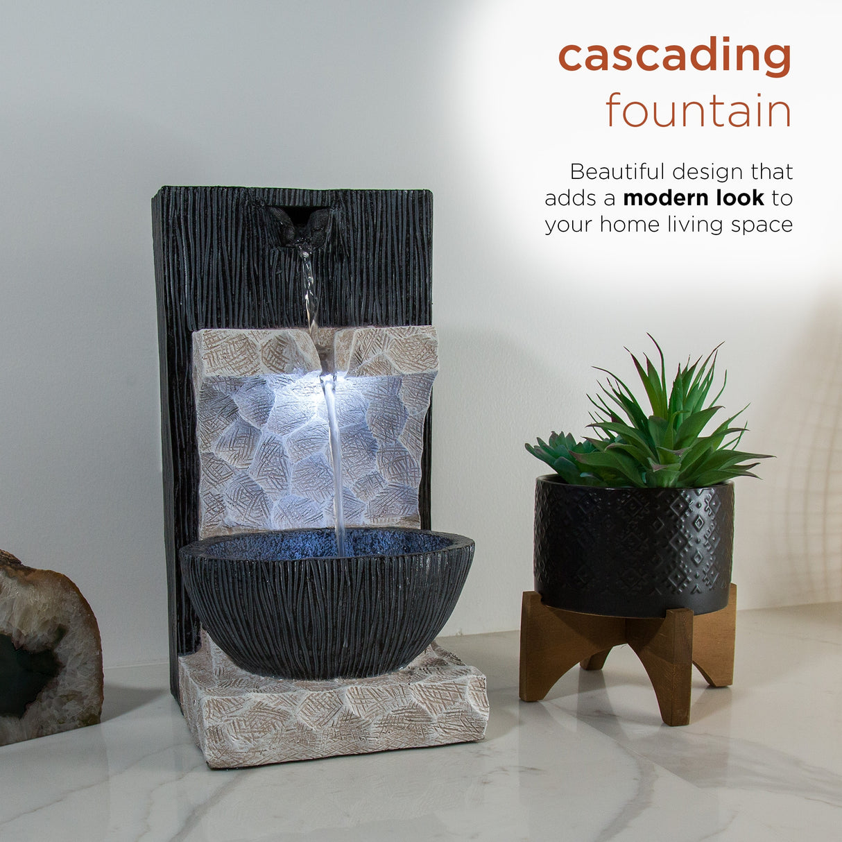 Alpine Corporation 14" Tall Modern Cascading Tabletop Fountain Decoration with LED Lights