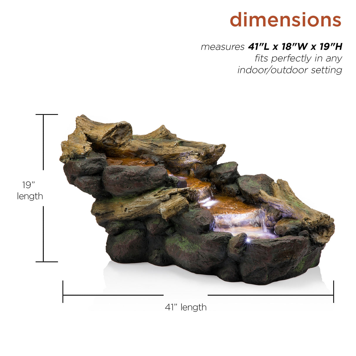 Alpine Corporation TZL296 41" Long Indoor/Outdoor River Rock and Log Fountain with LED Lights
