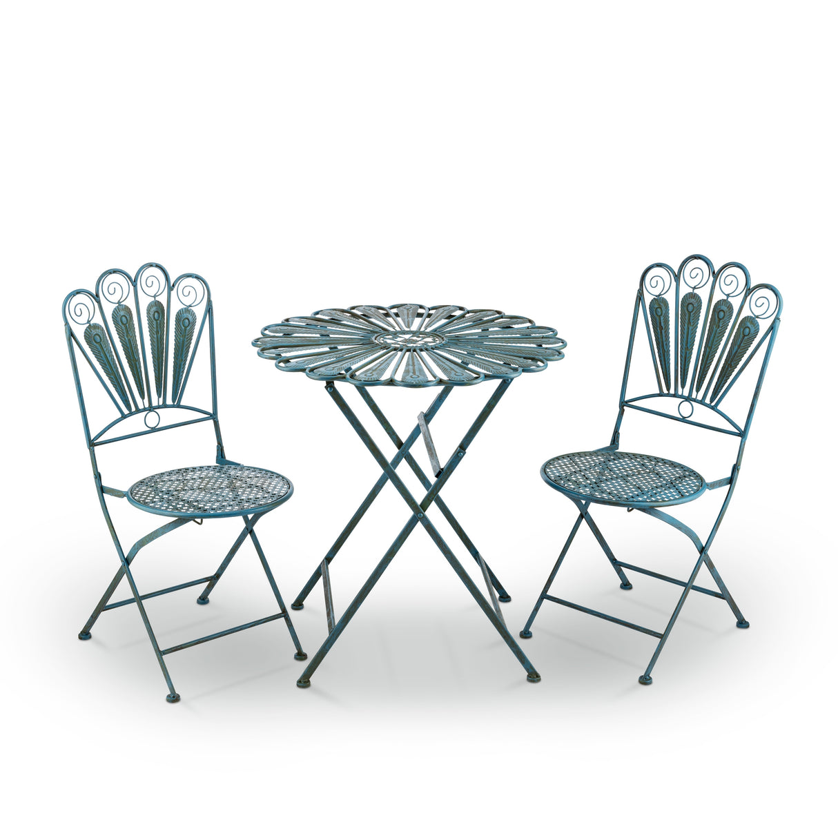 Alpine Corporation Indoor/Outdoor 3-Piece Peacock Feather Rustic Metal Bistro Set Patio Seating, Light Blue