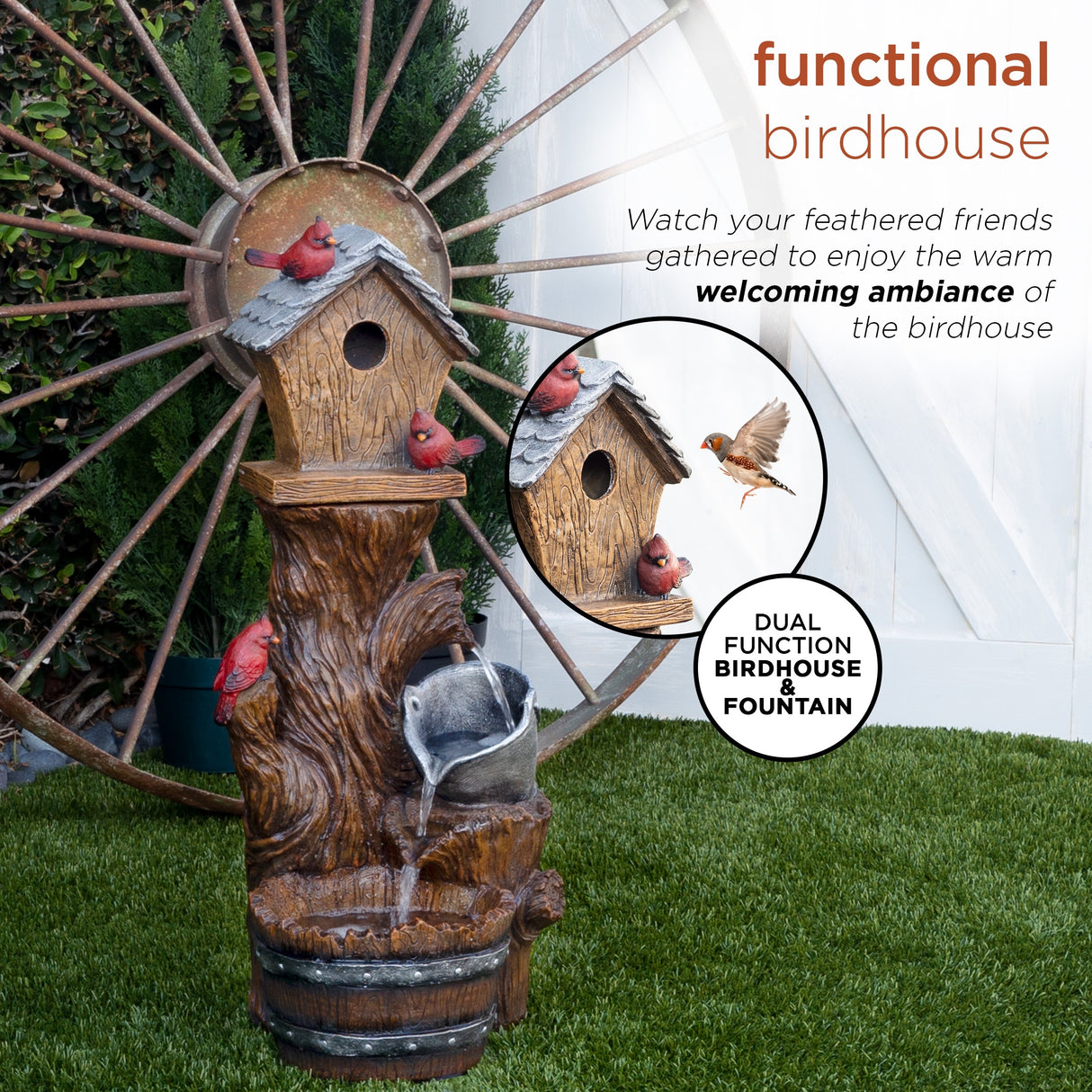 Alpine Corporation 32" Tall Outdoor Cascading Barrel Water Fountain and Cardinal Birdhouse Yard Decoration