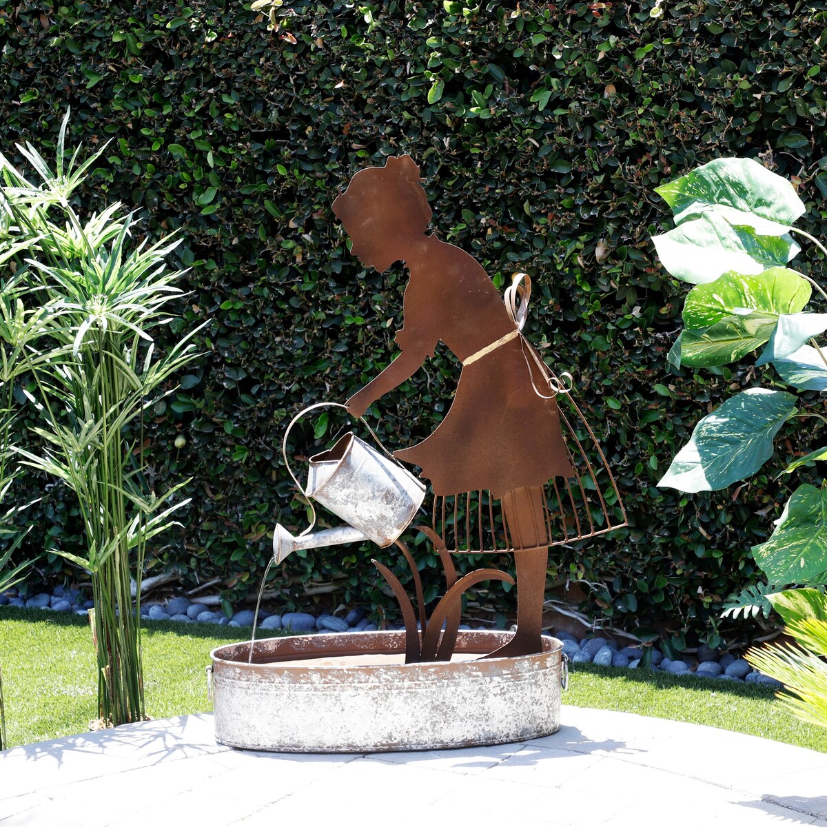 Alpine Corporation 33" Tall Rustic Farmer Silhouette and Watering Can Fountain Yard Decoration