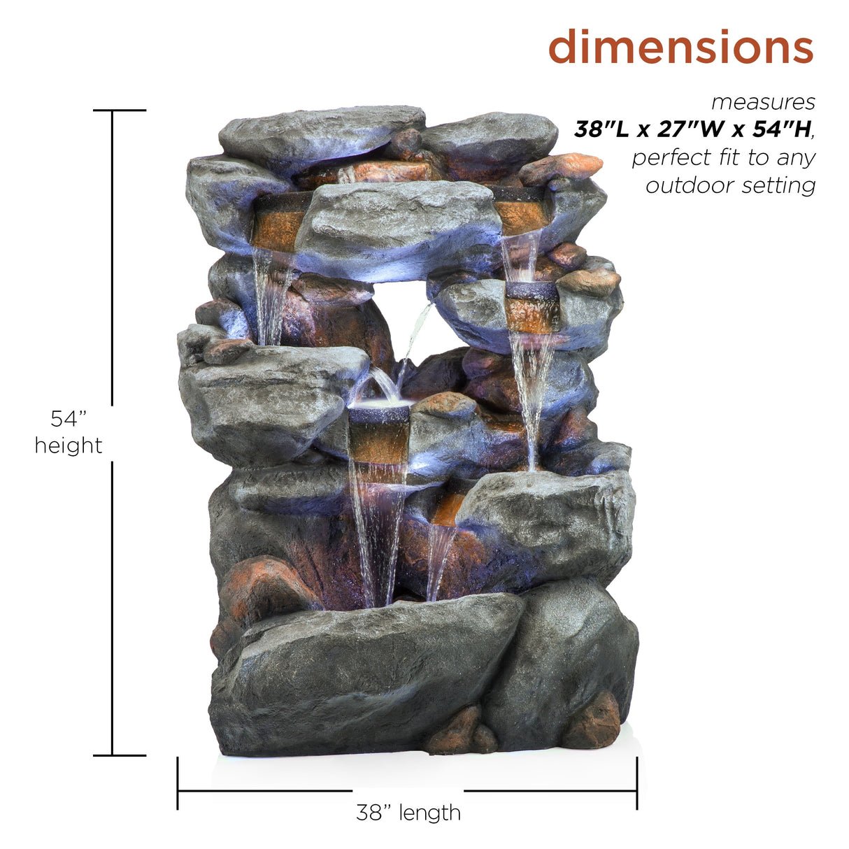 Alpine Corporation WIN1068 Outdoor Floor Rock Water Fountain with LED Lights, 5-Tier Rock Waterfall Fountain 54", Dark Brown