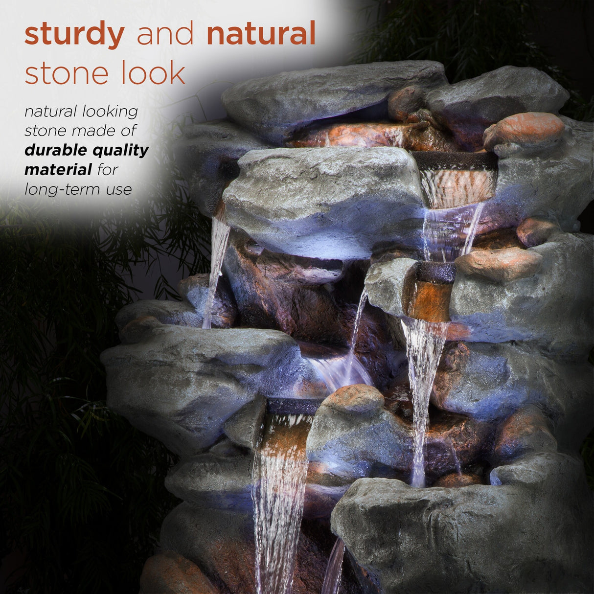 Alpine Corporation WIN1068 Outdoor Floor Rock Water Fountain with LED Lights, 5-Tier Rock Waterfall Fountain 54", Dark Brown
