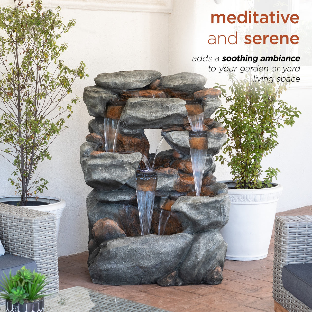 Alpine Corporation WIN1068 Outdoor Floor Rock Water Fountain with LED Lights, 5-Tier Rock Waterfall Fountain 54", Dark Brown