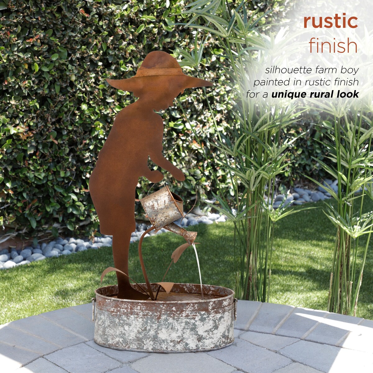 Alpine Corporation 33" Tall Rustic Farmer Silhouette and Watering Can Fountain Yard Decoration
