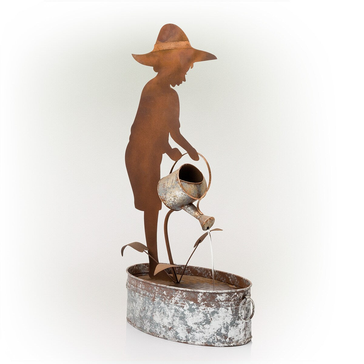 Alpine Corporation 33" Tall Rustic Farmer Silhouette and Watering Can Fountain Yard Decoration