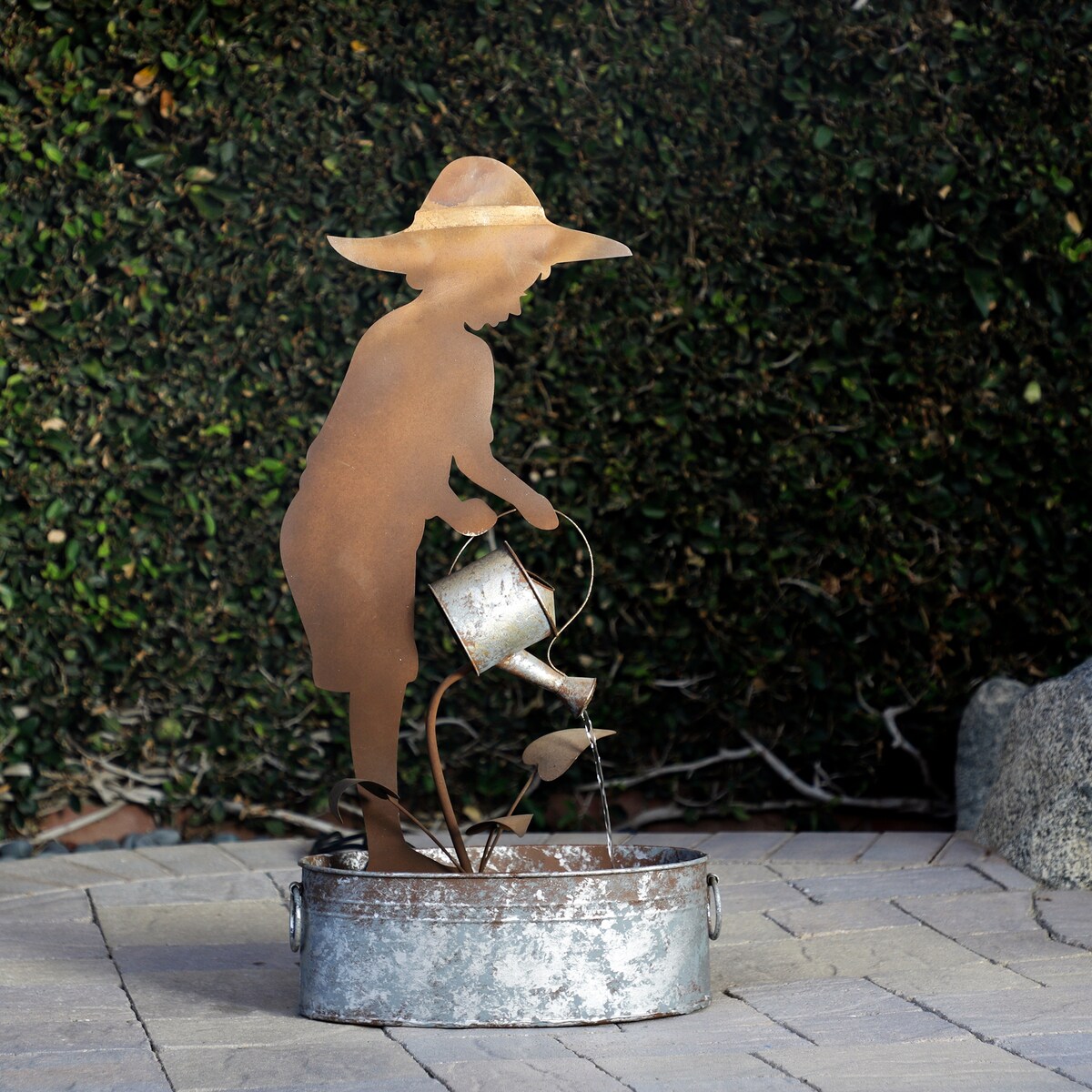 Alpine Corporation 33" Tall Rustic Farmer Silhouette and Watering Can Fountain Yard Decoration