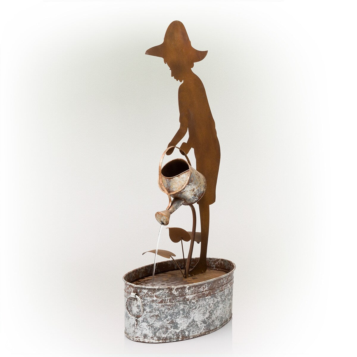 Alpine Corporation 33" Tall Rustic Farmer Silhouette and Watering Can Fountain Yard Decoration