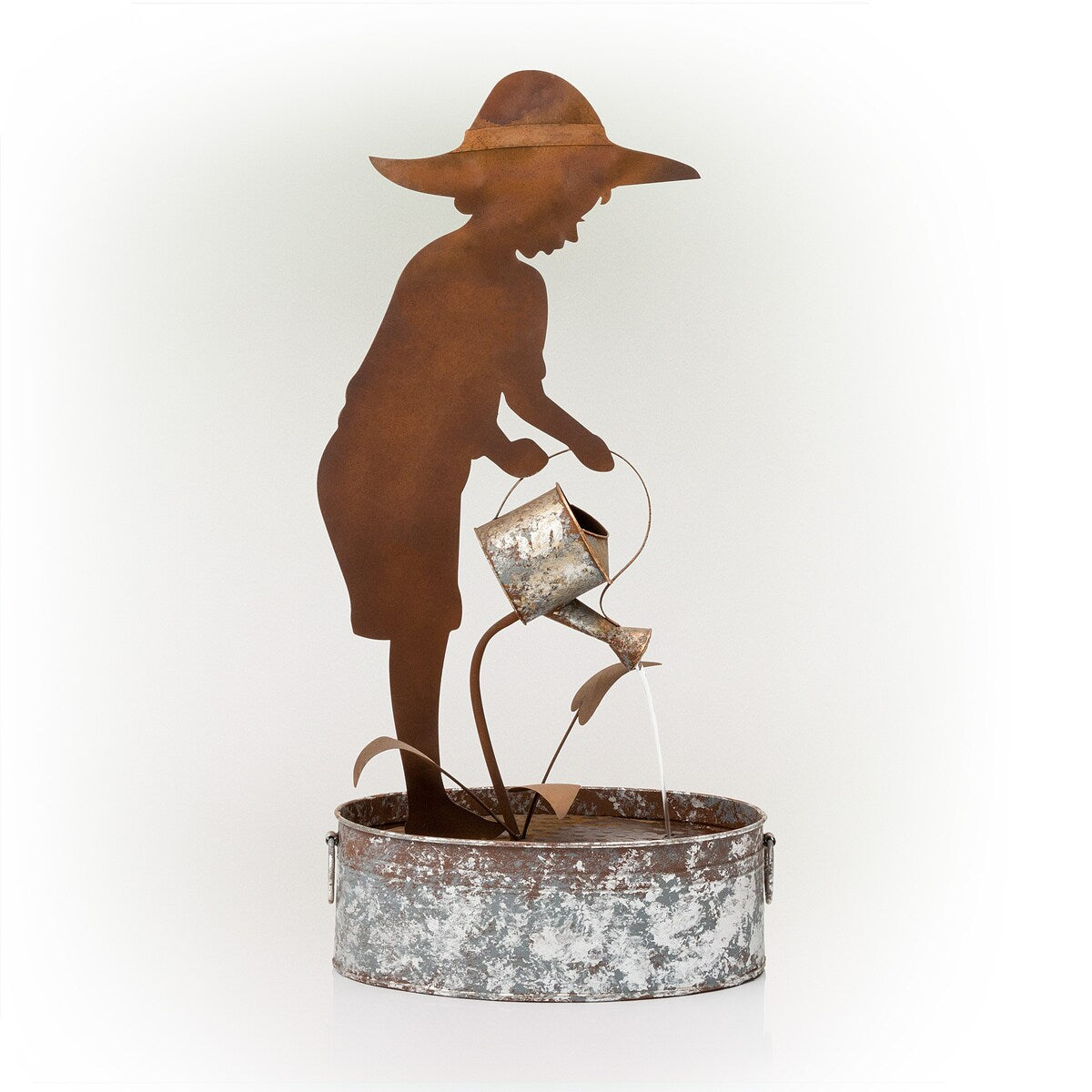Alpine Corporation 33" Tall Rustic Farmer Silhouette and Watering Can Fountain Yard Decoration