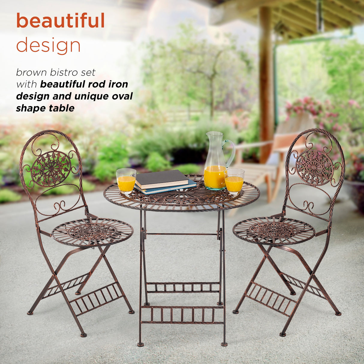 Alpine Corporation Indoor/Outdoor 3-Piece Oval Bistro Set Folding Table and Chairs Patio Seating, Bronze