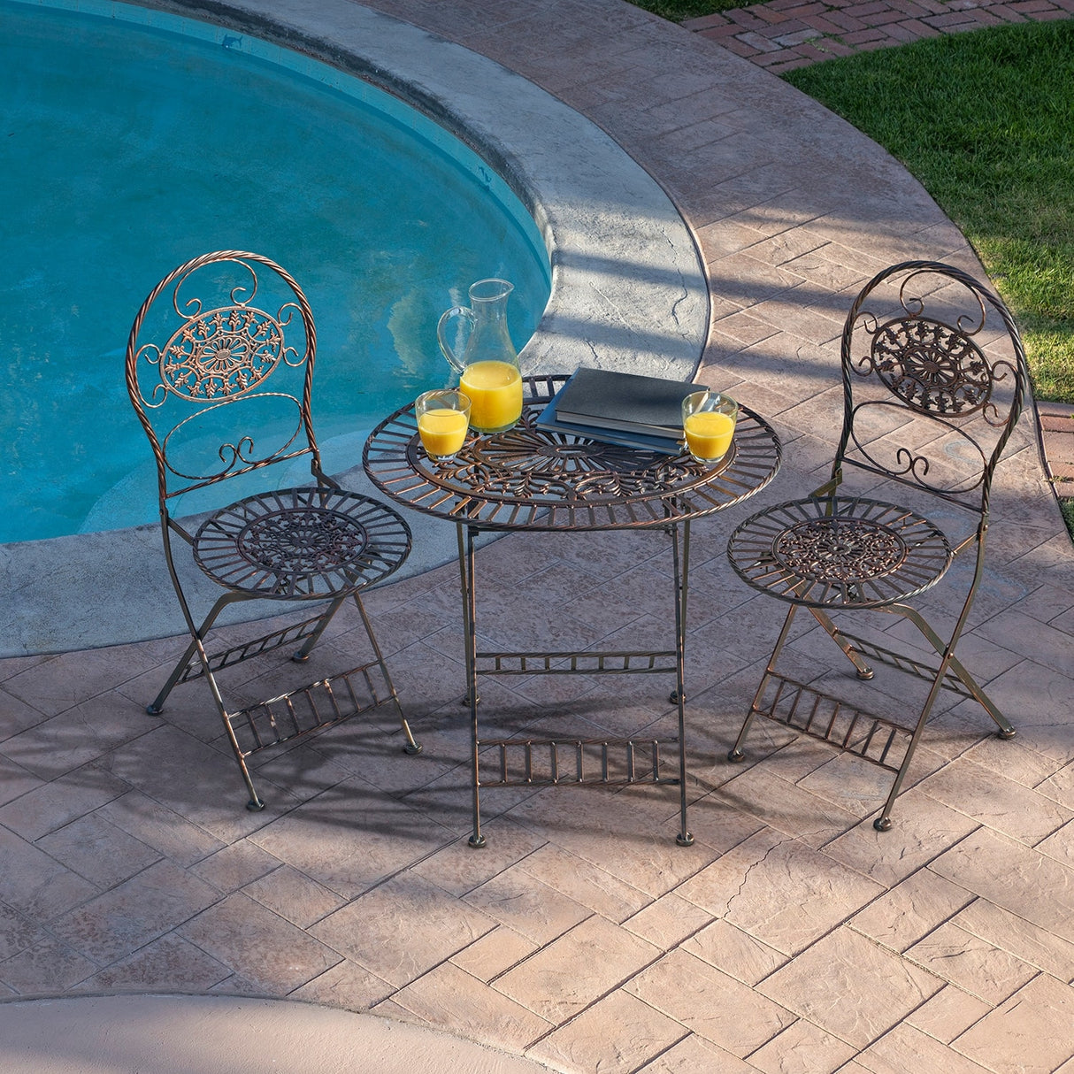 Alpine Corporation Indoor/Outdoor 3-Piece Oval Bistro Set Folding Table and Chairs Patio Seating, Bronze