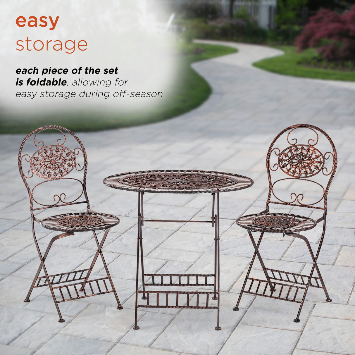 Alpine Corporation Indoor/Outdoor 3-Piece Oval Bistro Set Folding Table and Chairs Patio Seating, Bronze