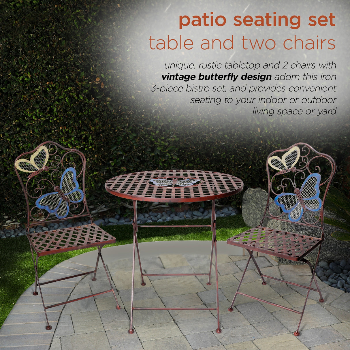 Alpine Corporation Indoor/Outdoor Butterfly Design 3-Piece Bistro Set Folding Table and Chairs Patio Seating