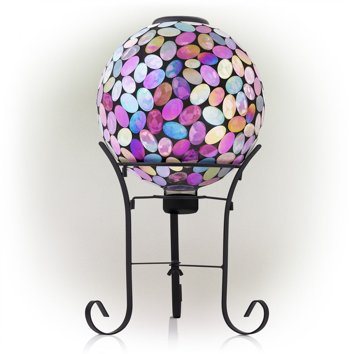 Alpine Corporation Outdoor Solar Powered Pink Glass Mosaic Gazing Globe with LED Lights and Metal Stand, Violet