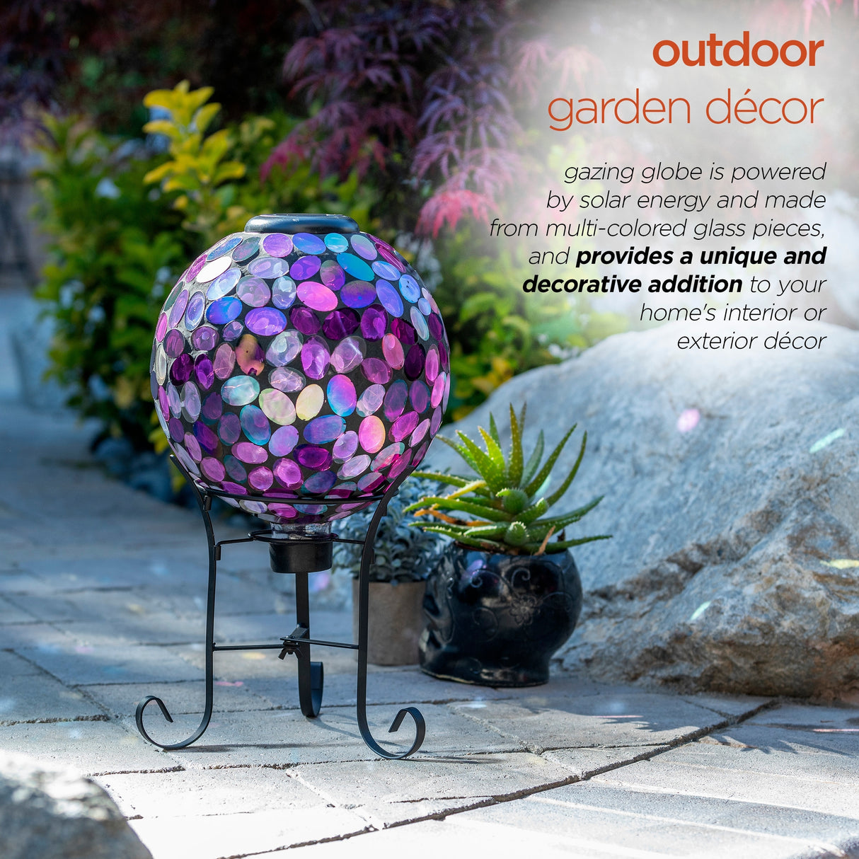Alpine Corporation Outdoor Solar Powered Pink Glass Mosaic Gazing Globe with LED Lights and Metal Stand, Violet