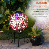 Alpine Corporation Outdoor Solar Powered Pink Glass Mosaic Gazing Globe with LED Lights and Metal Stand, Violet