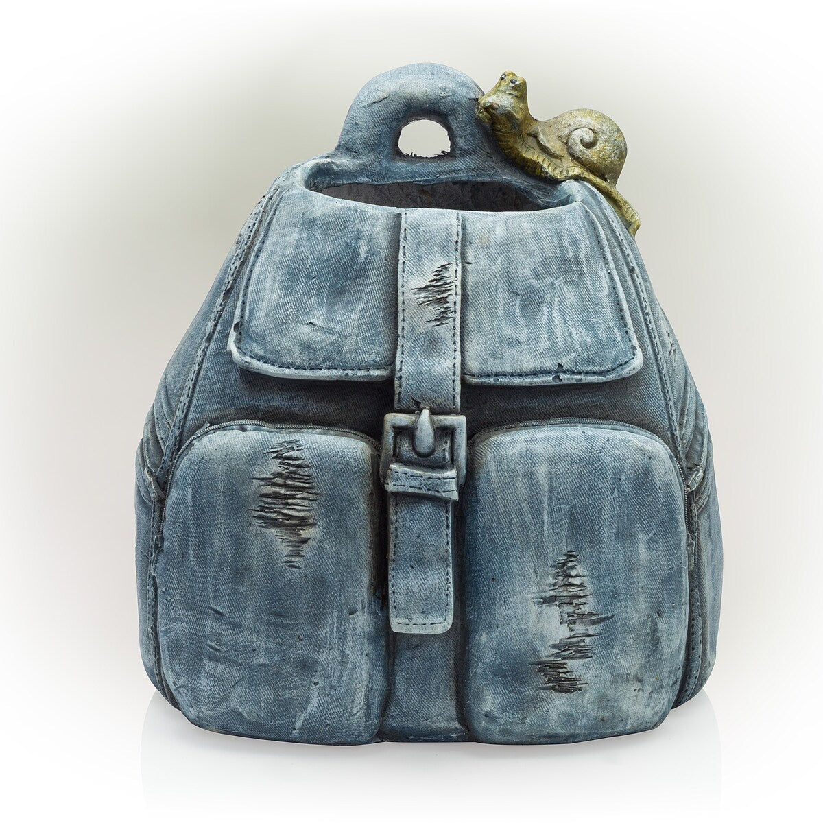Alpine Corporation 12" Tall Indoor/Outdoor Denim Backpack with Snail Planter Yard Decoration, Blue