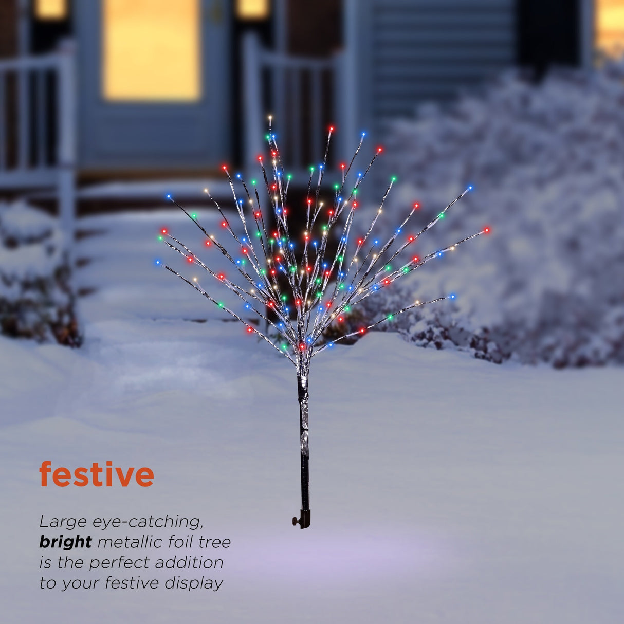 Alpine Corporation 39"H Indoor/Outdoor Metallic Foil Tree Stake Holiday Decoration with Green LED Lights