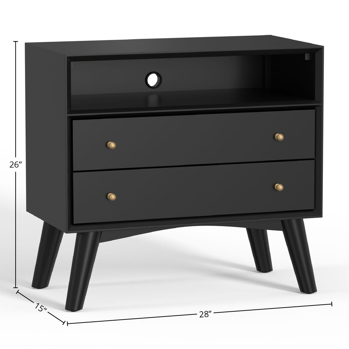 Alpine Furniture Flynn Large 2 Drawer Wood Nightstand, Black