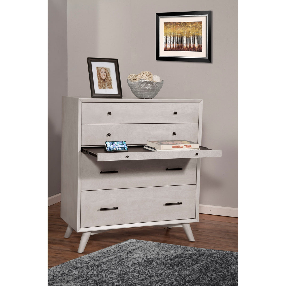 Alpine Furniture Flynn Mid Century Modern Accent Chest in Gray