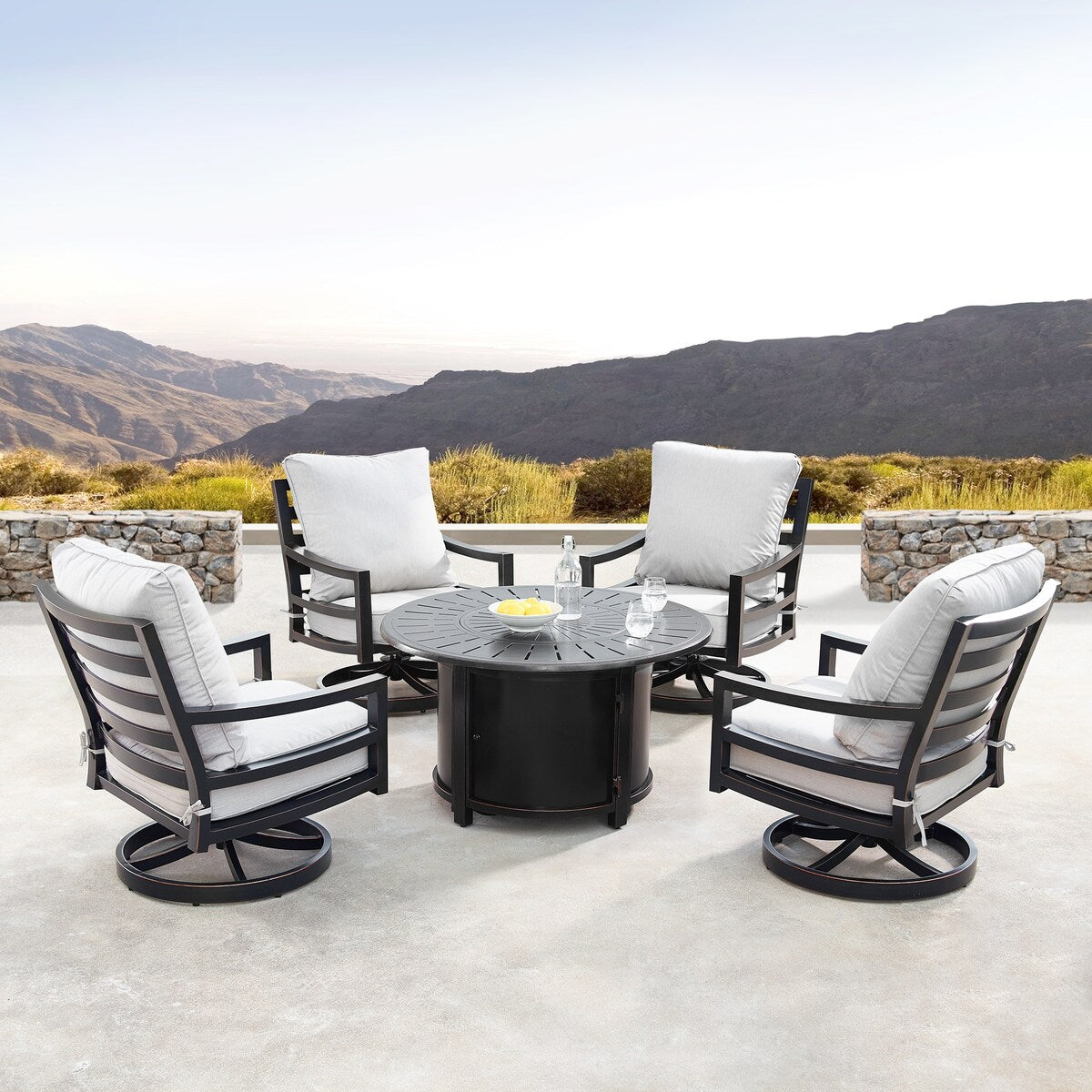Aluminum 44in Fire Table Set with Four Swivel Rockers & Accessories