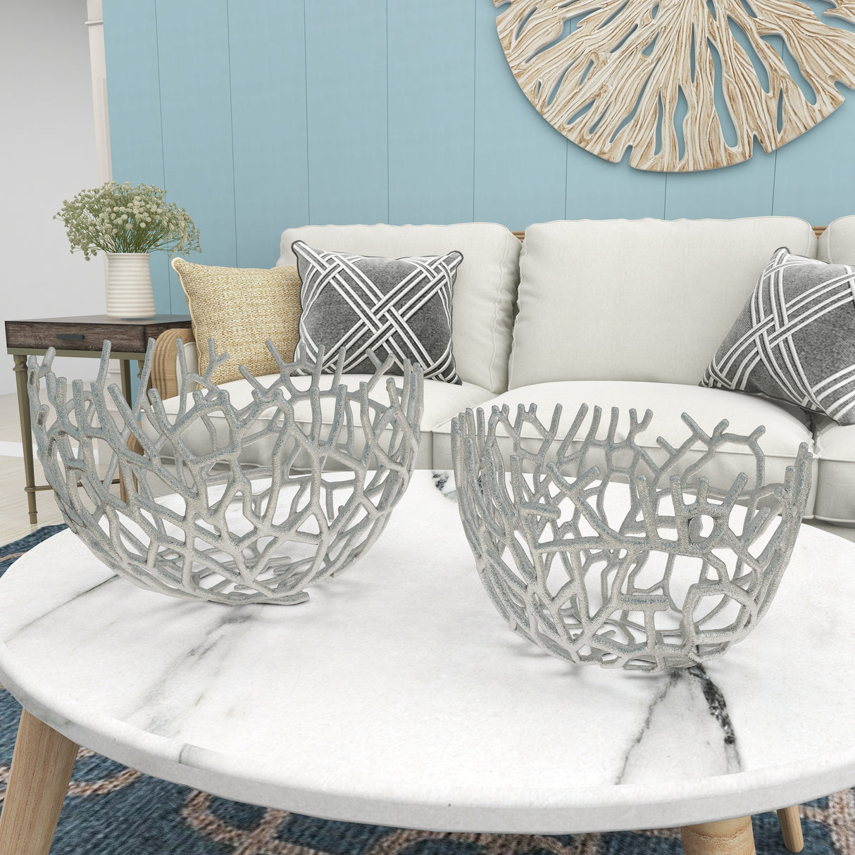 Aluminum Metal Handmade Cutout Coral Decorative Bowl (Set of 2) - Gold, Silver, Black