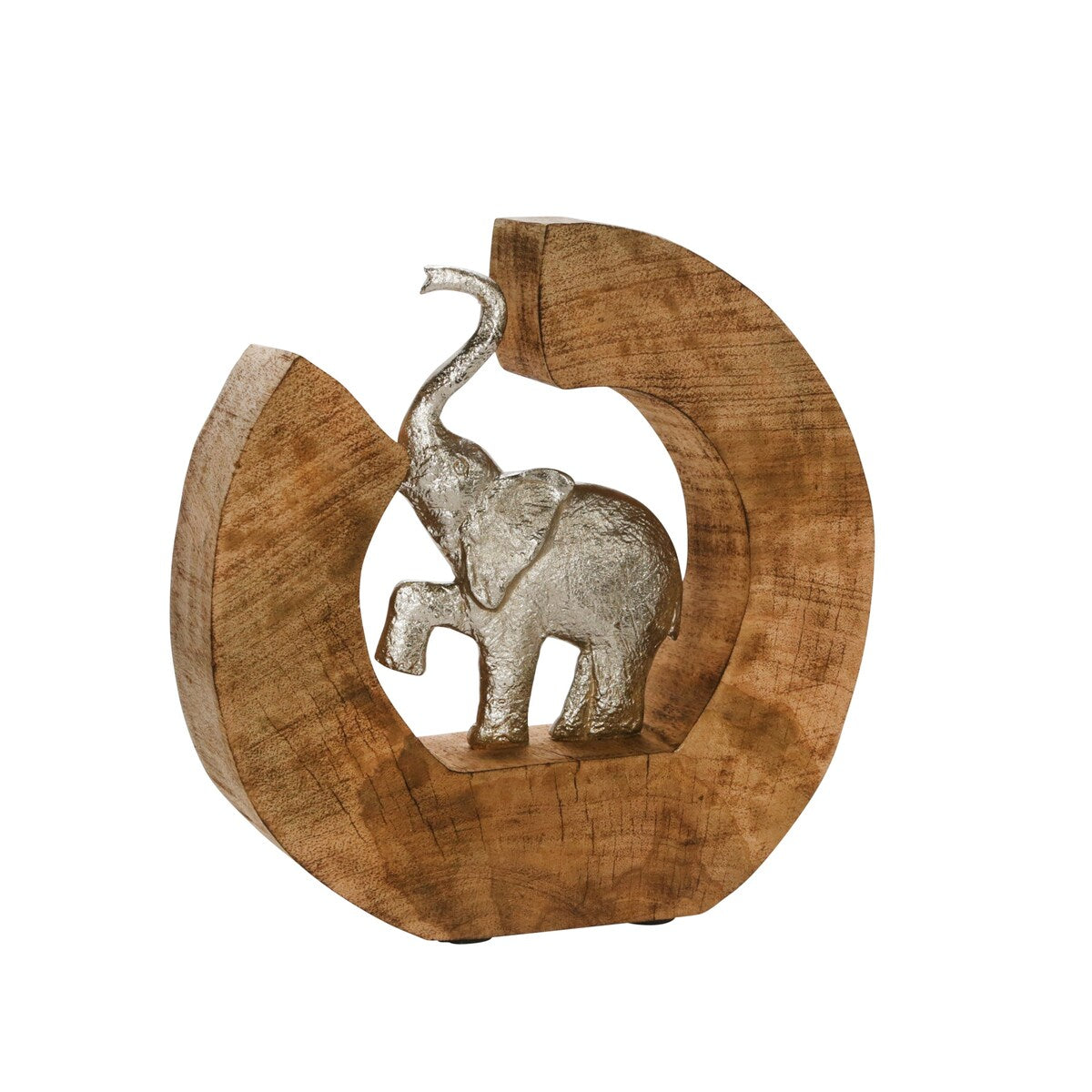 Aluminum Elephant In Mango Wood, Silver/Brown
