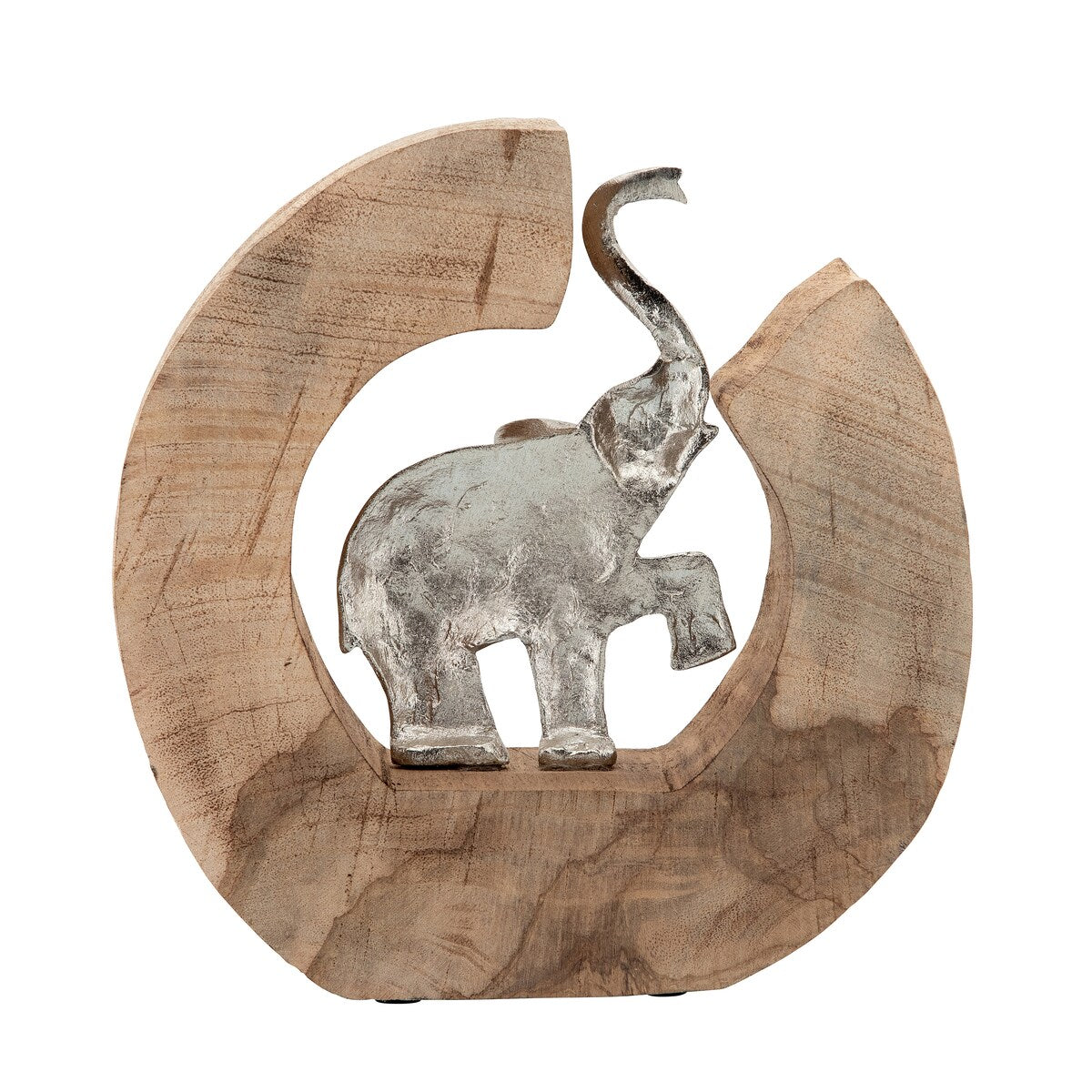 Aluminum Elephant In Mango Wood, Silver/Brown