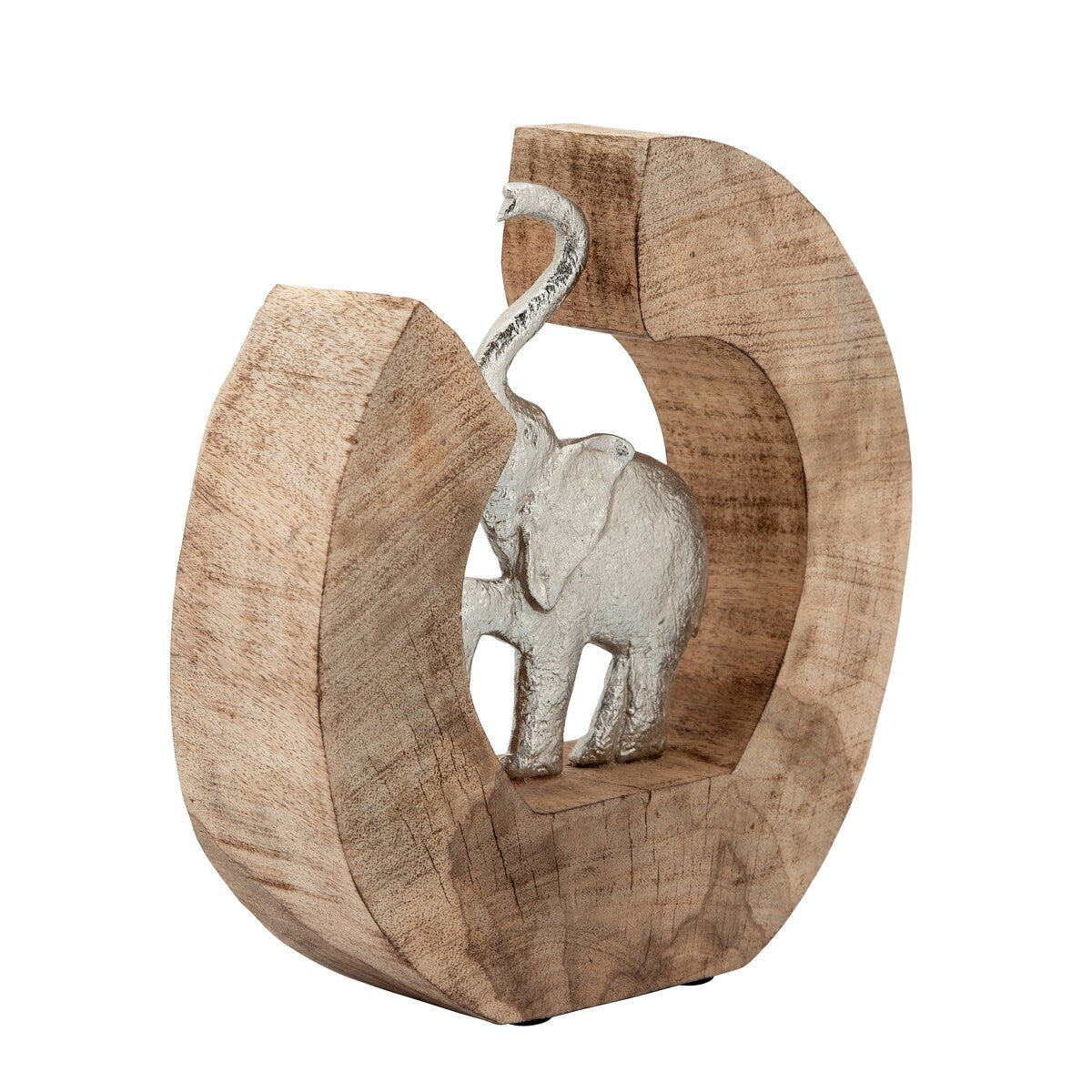 Aluminum Elephant In Mango Wood, Silver/Brown