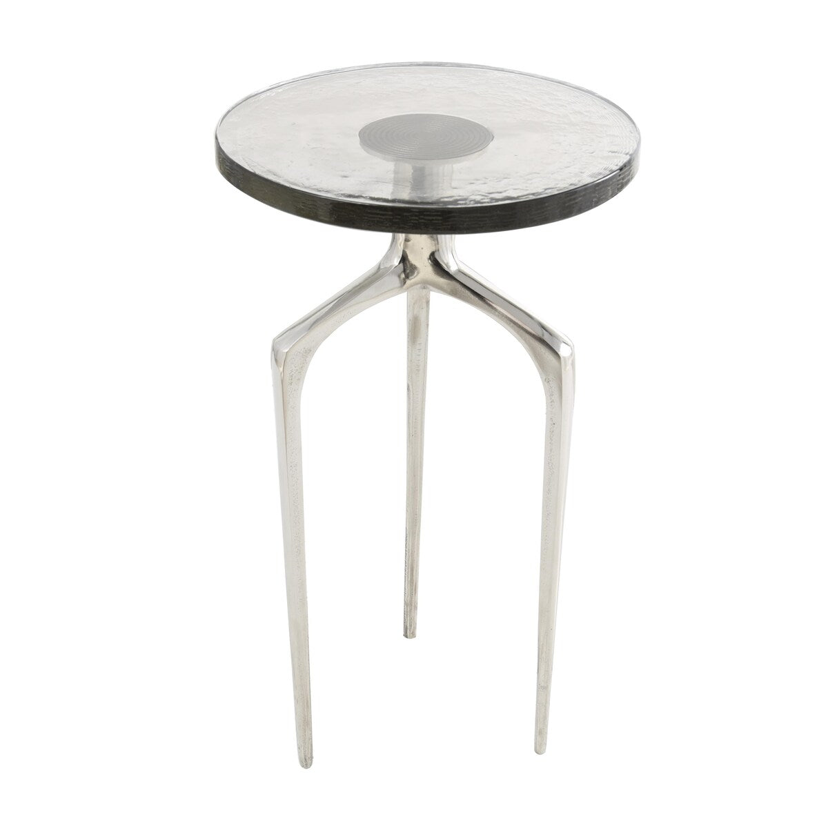 Aluminum Metal Small Tripod Accent Table with Textured Glass Tabletop - Silver, Gold or Black - Roche River Decor