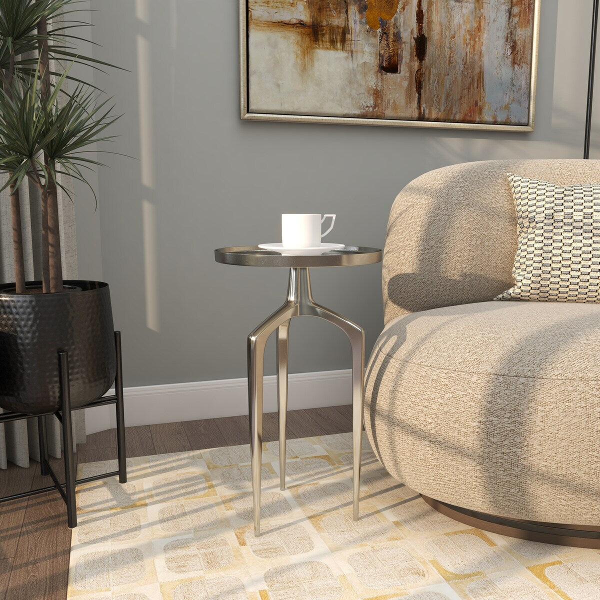 Aluminum Metal Tray Inspired Top Accent Table with 3 Tripod Legs - Gold, Silver or Black - Roche River Decor