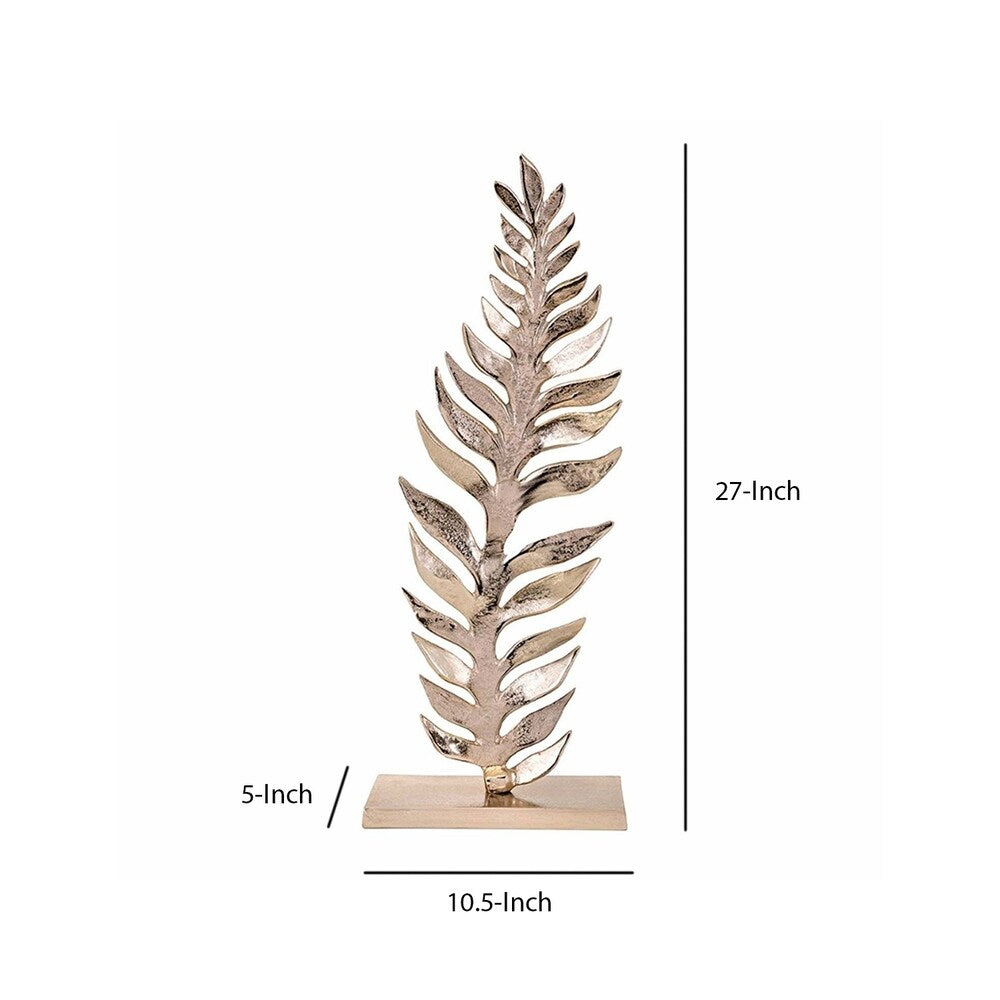 Aluminum Palm Leaf Sculpture On Rectangular Base, Large, Gold