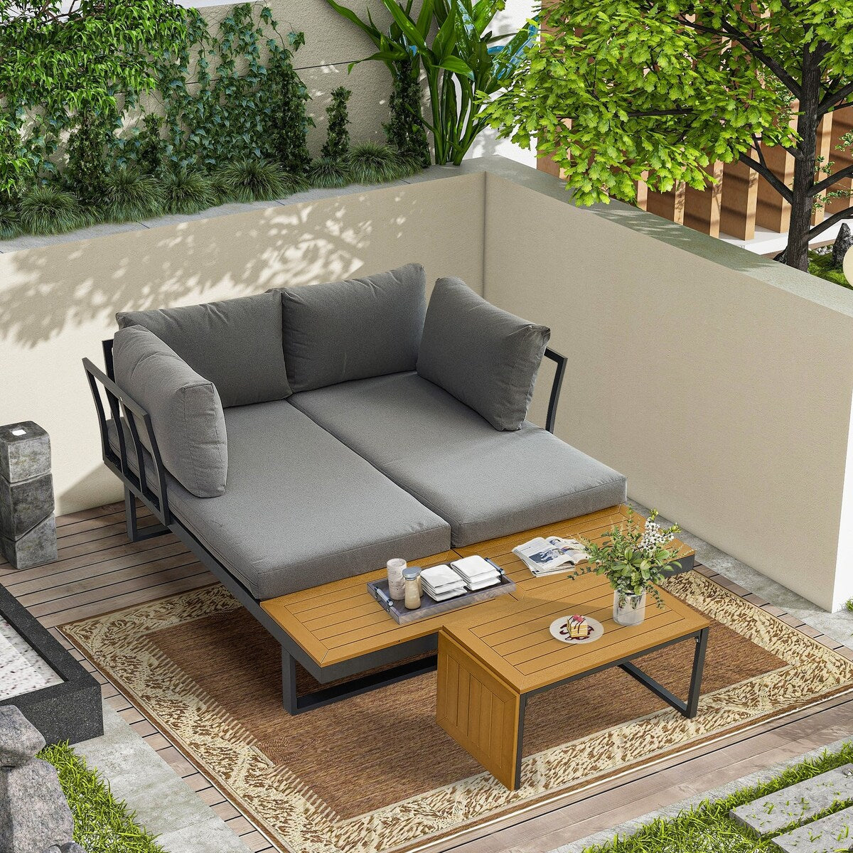 Aluminum Patio Furniture Set L-Shaped Sectional Sofa with Side Table and Cushion