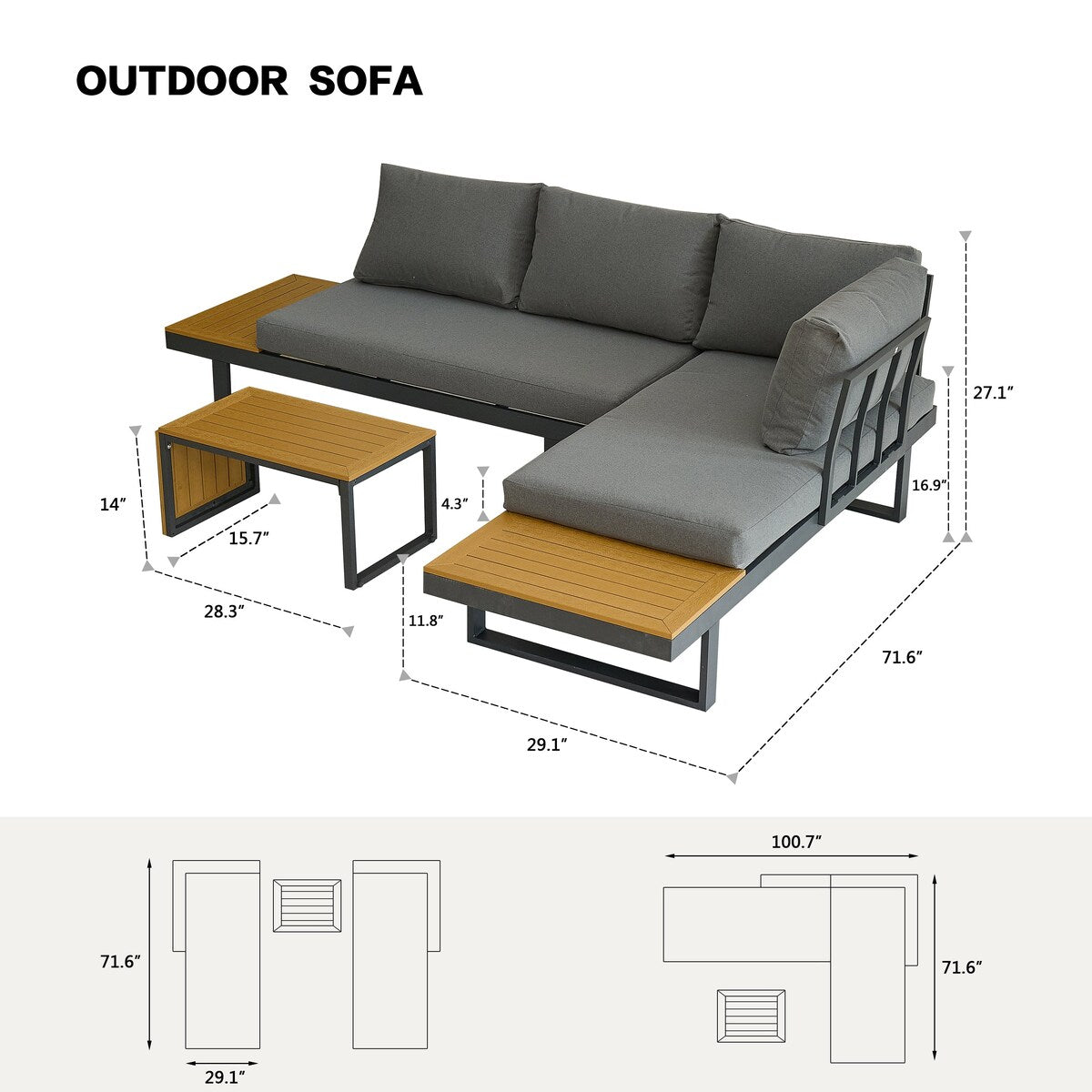 Aluminum Patio Furniture Set L-Shaped Sectional Sofa with Side Table and Cushion