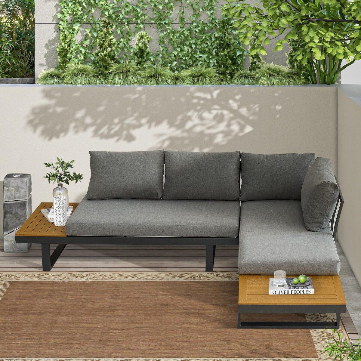 Aluminum Patio Furniture Set L-Shaped Sectional Sofa with Side Table and Cushion