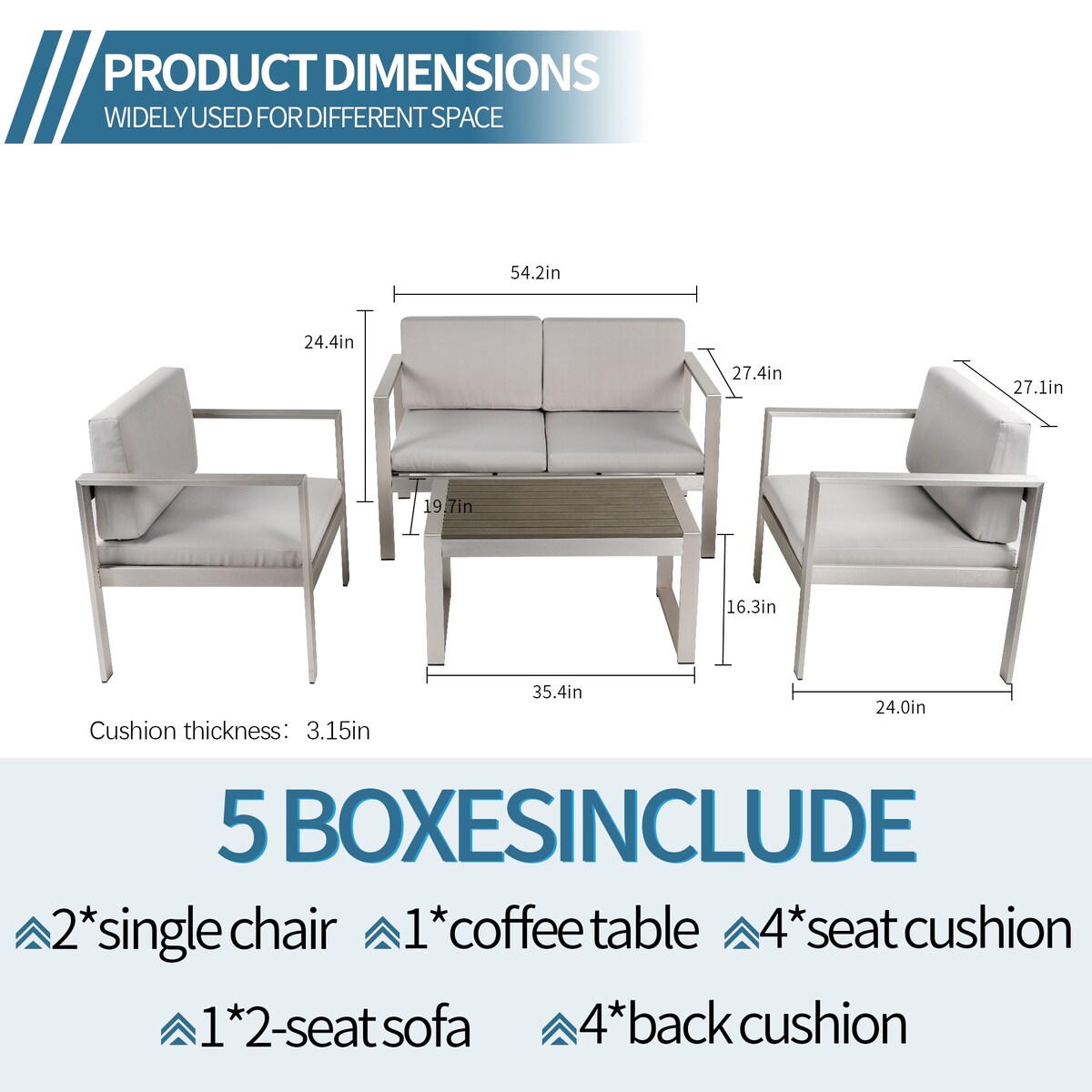 Aluminum and Rattan Modern 4 Piece Sofa Seating Group