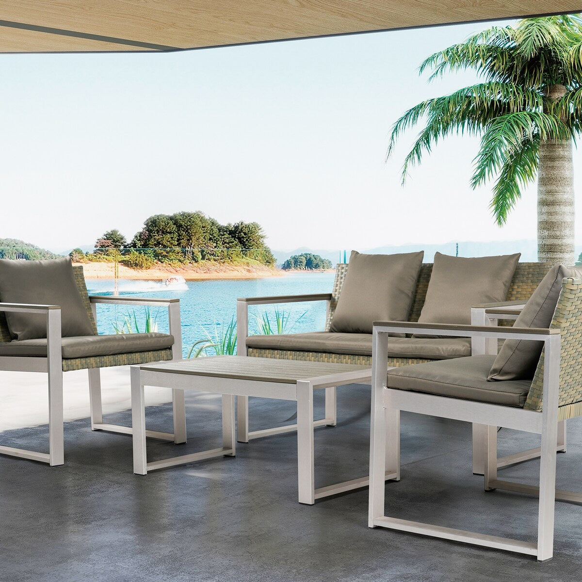 Aluminum and Rattan Modern 4 Piece Sofa Seating Group