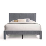 Furniture of America Alyssa Modern Velvet Upholstered Platform Bed with Channel Headboard and Wooden Slats