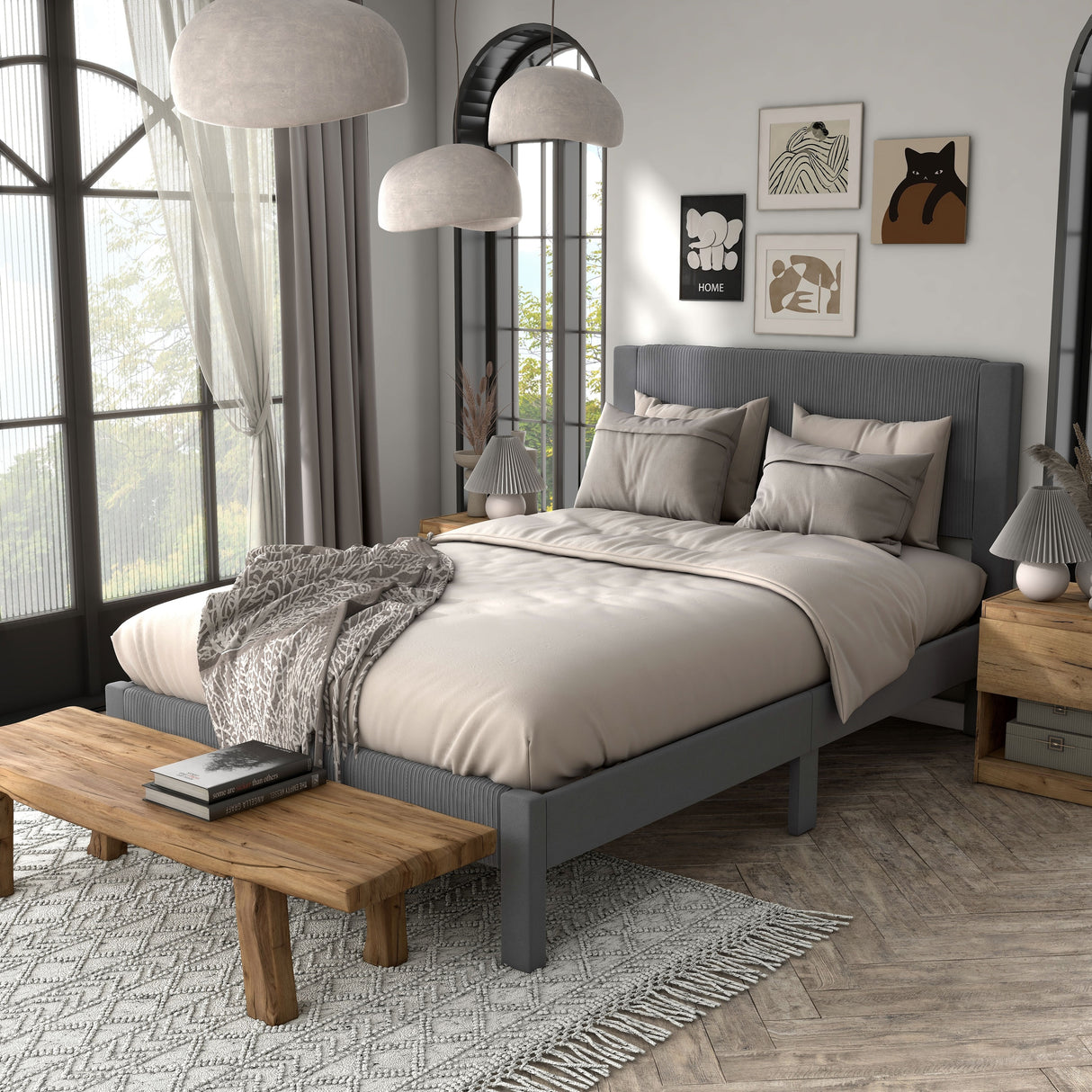 Furniture of America Alyssa Modern Velvet Upholstered Platform Bed with Channel Headboard and Wooden Slats