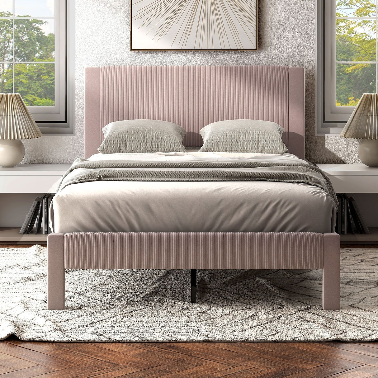 Furniture of America Alyssa Modern Velvet Upholstered Platform Bed with Channel Headboard and Wooden Slats