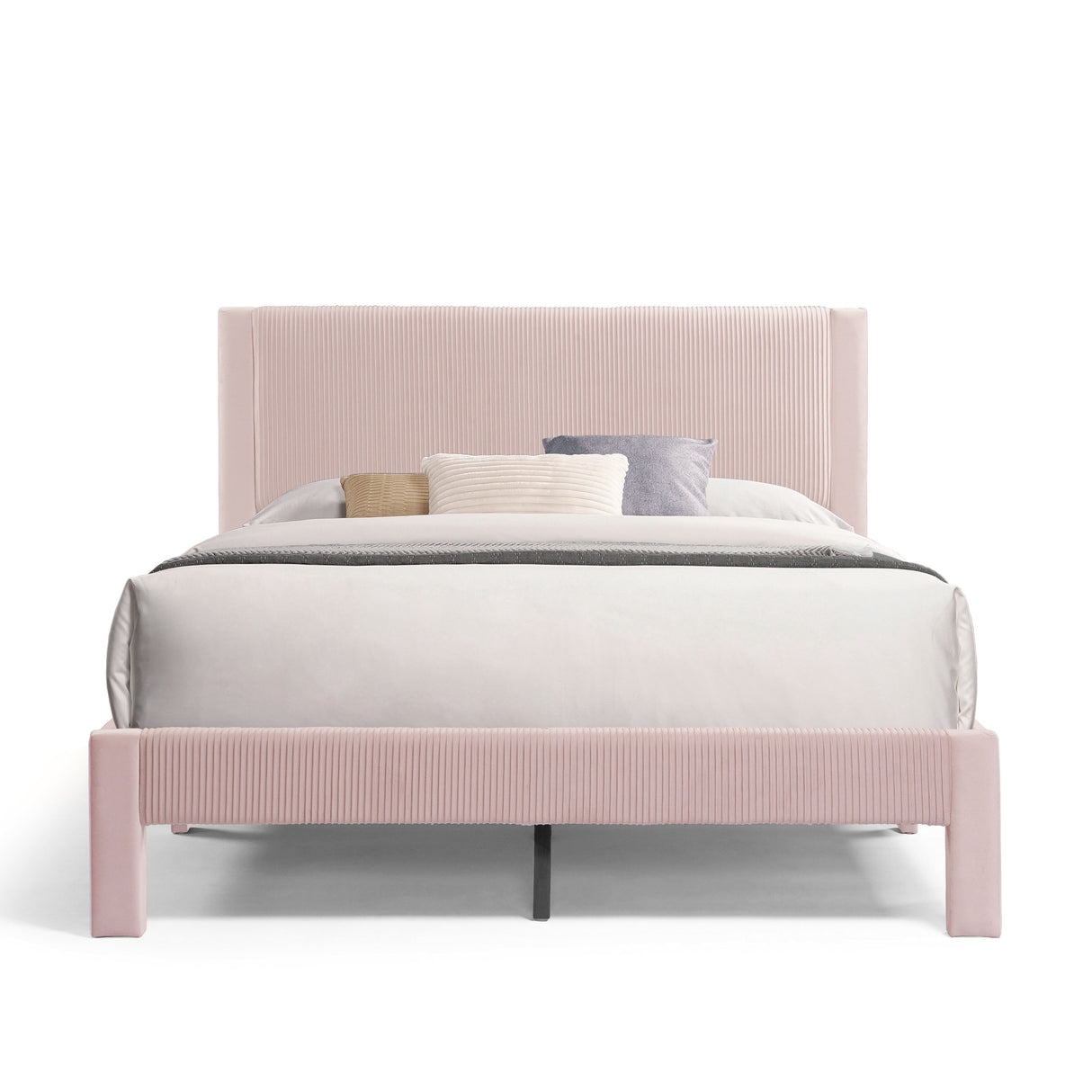 Furniture of America Alyssa Modern Velvet Upholstered Platform Bed with Channel Headboard and Wooden Slats