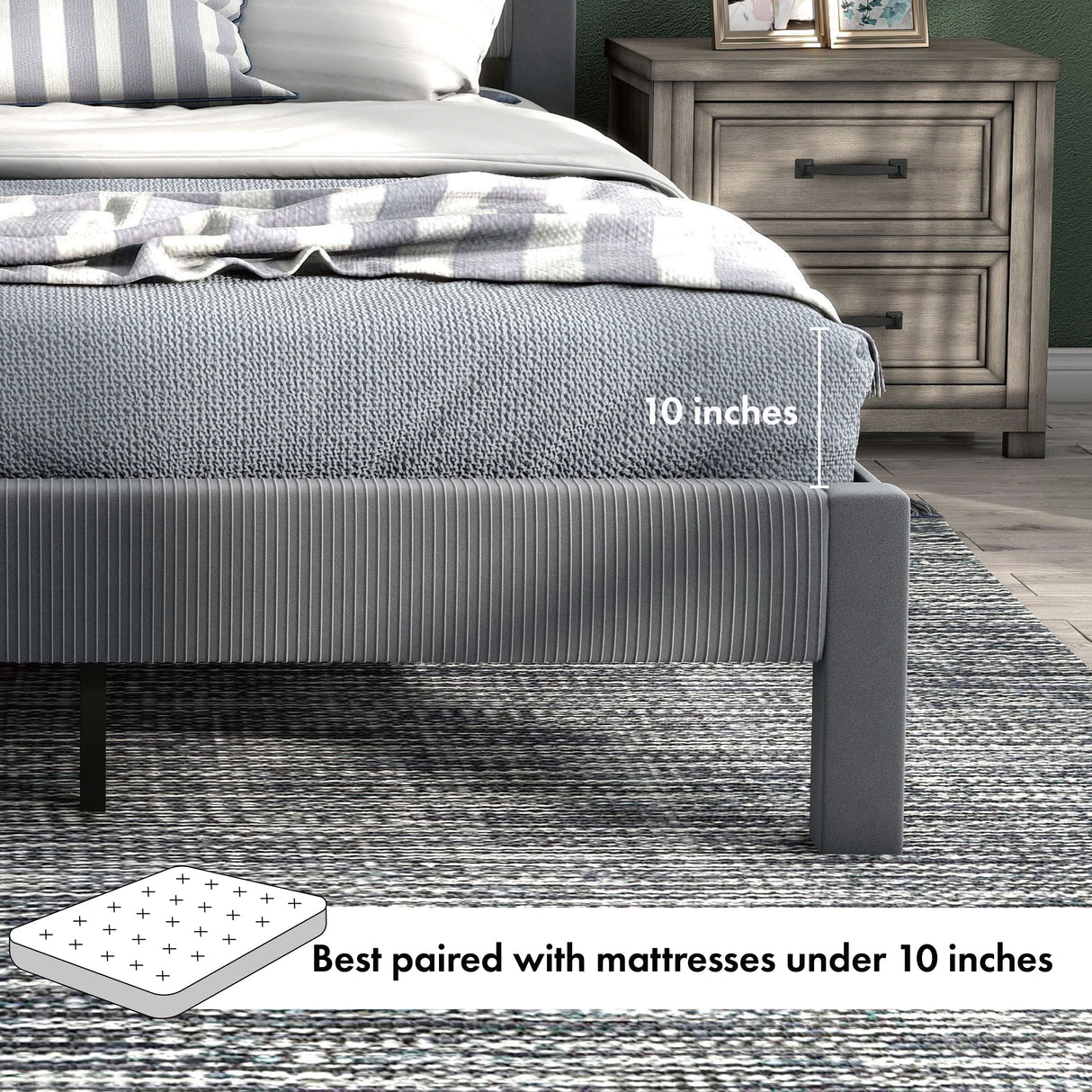 Furniture of America Alyssa Modern Velvet Upholstered Platform Bed with Channel Headboard and Wooden Slats
