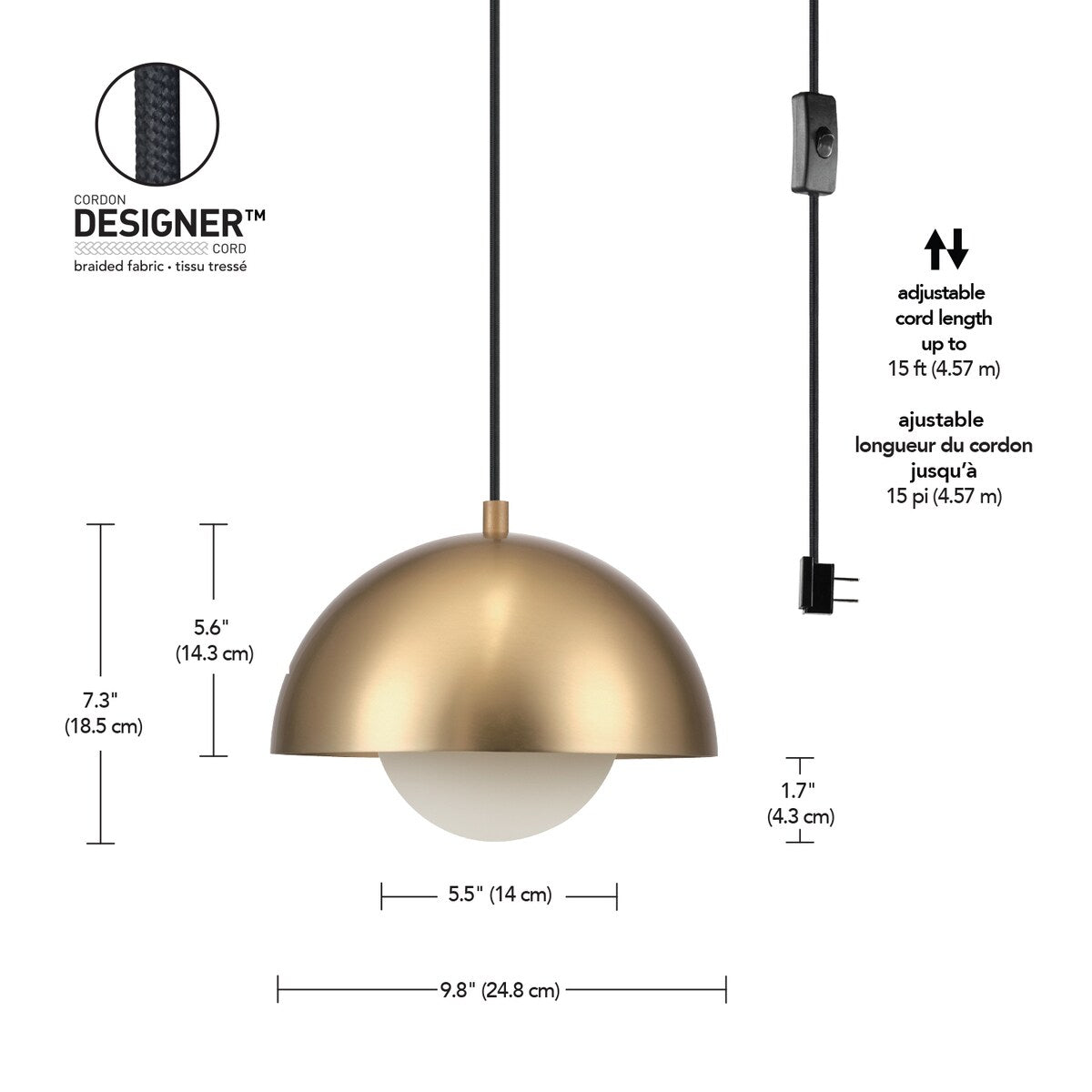 Amelia 1-Light Matte Brass Plug-In Pendant Lighting with Frosted Glass Shade - one size
