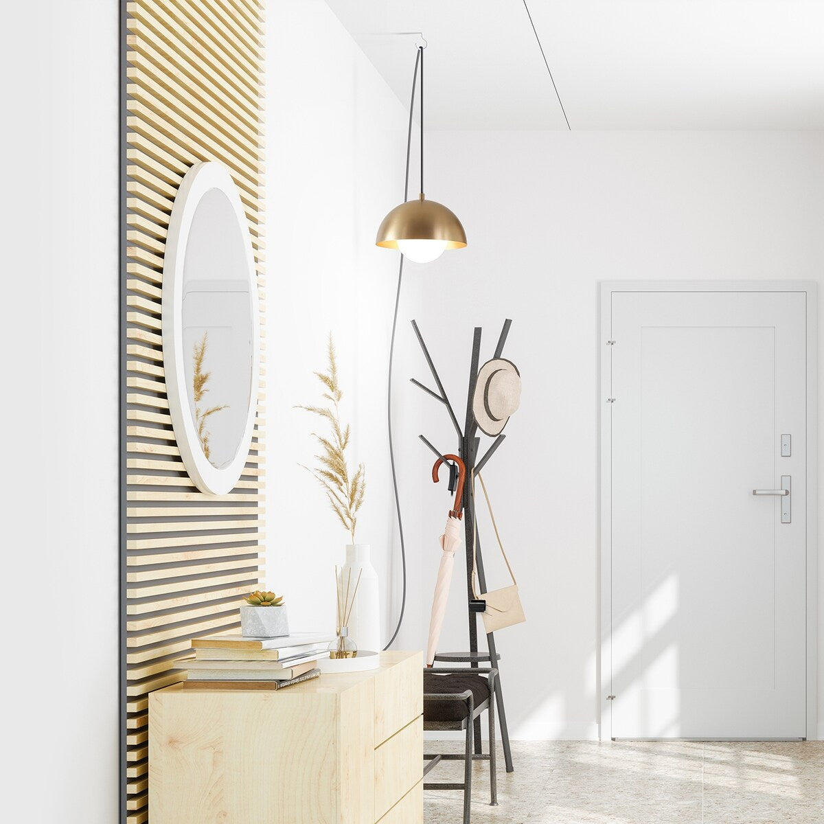 Amelia 1-Light Matte Brass Plug-In Pendant Lighting with Frosted Glass Shade - one size
