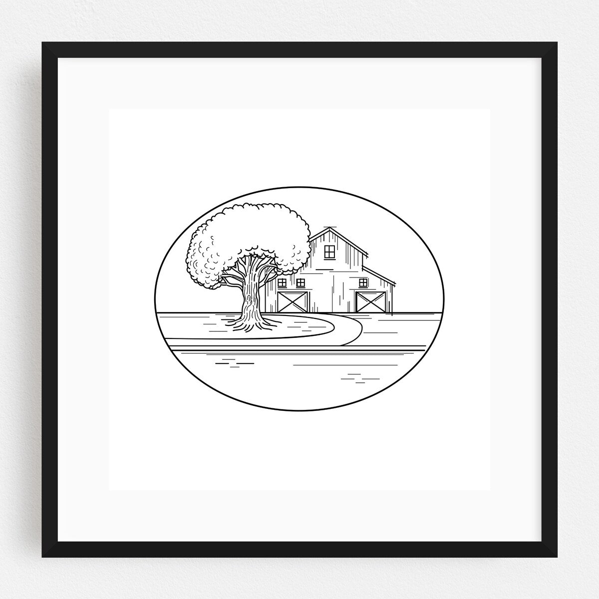 American Farm House or Barn Oak Tree Monoline Oval Art Print/Poster
