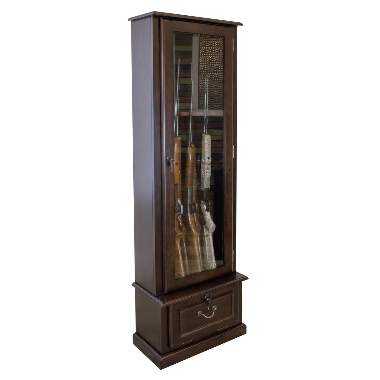 American Furniture Classics Model 650, 8 Gun Cabinet with locking tempered glass door and locking drop down door.
